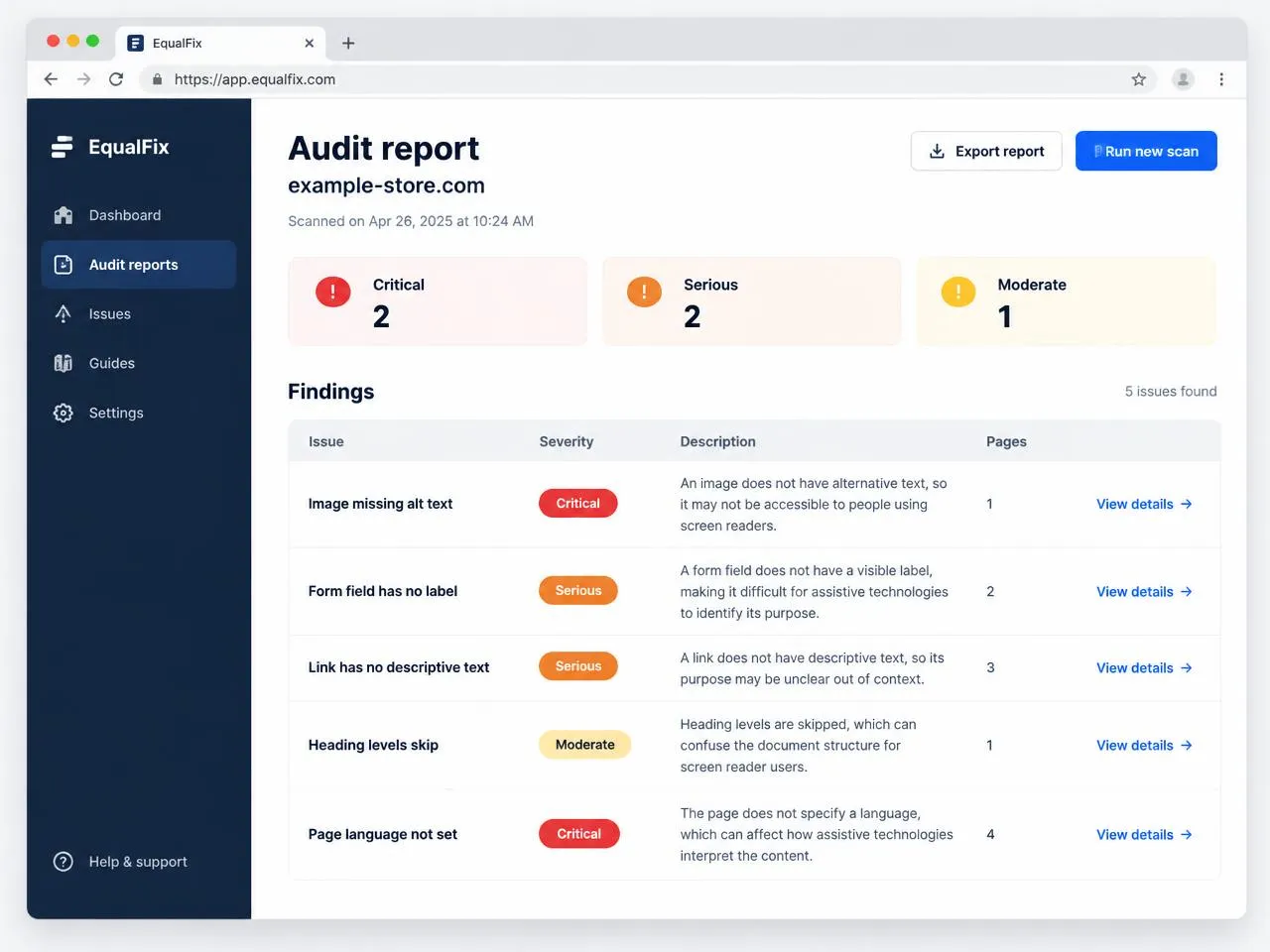 Illustrative EqualFix audit report listing findings with critical, serious and moderate severity badges